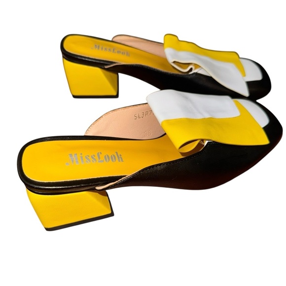 VTG Miss Look Women’s Yellow Black White Block Heel Mules Size 7.5-8 Leather - Picture 2 of 5